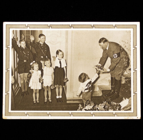 (Postcard) Adolf Hitler with children (with Memelland annexation collectors stamps)