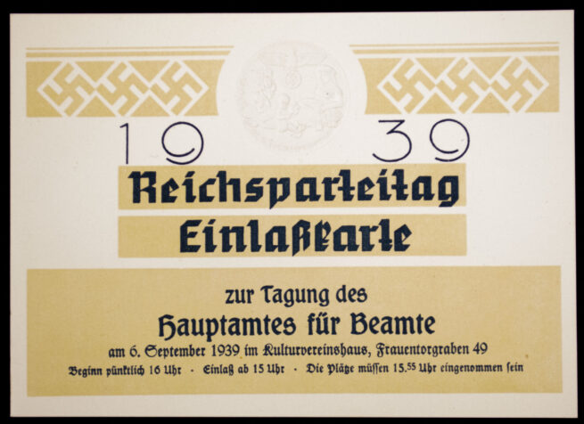 Reichsparteitag 1939 - Einlasskarte zur Tagung des Hauptamtes für Beamte