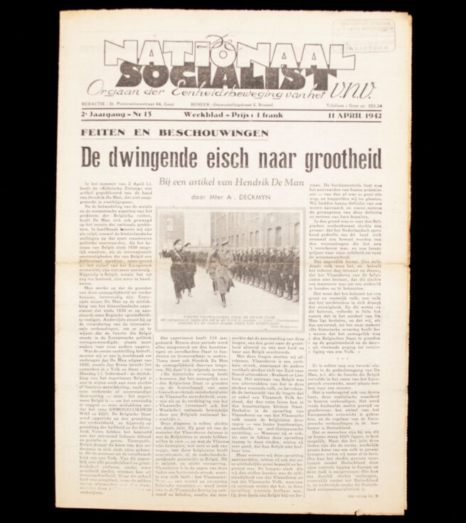 (Newspaper Belgium) De Nationaalsocialist Orgaan van het Vlaamsch Nationaal Verbond 2e Jrg. No.15 (1942)