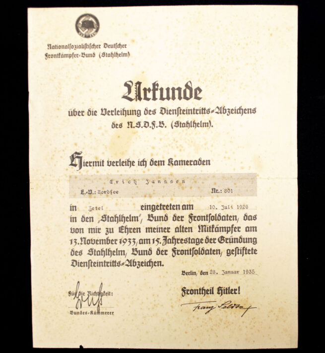 National Sozialistische Deutscher Frontkämpferbund Stahlhelm (N.S.D.F.B.St.) Diensteintrittsurkunde (1926)