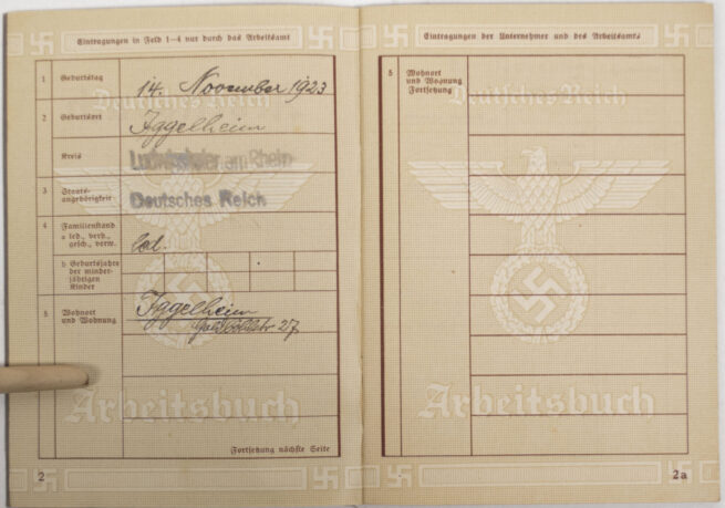 Arbeitsbuch second type from Arbeitsamt Ludwigshafen (1940)