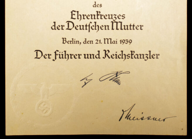 Mutterkreuz in gold / Motherscross gold urkunde / citation 21. Mai 1939