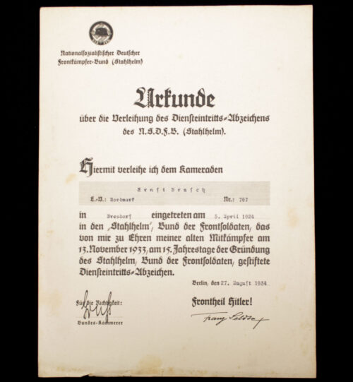 Stahlhelmbund Diensteintrittsabzeichens 1924 Urkunde