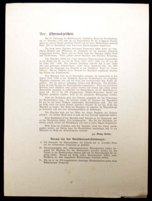 Stahlhelmbund Diensteintrittsabzeichens 1924 Urkunde