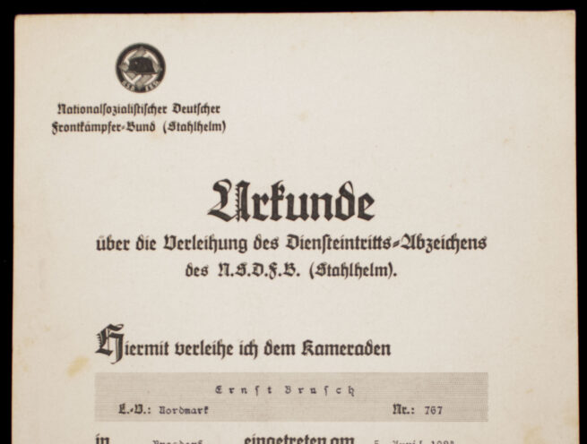 Stahlhelmbund Diensteintrittsabzeichens 1924 Urkunde