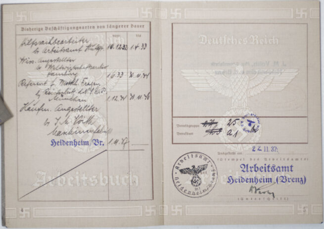 Arbeitsbuch second type from Arbeitsamt Heidenheim (Brenz) (1937)