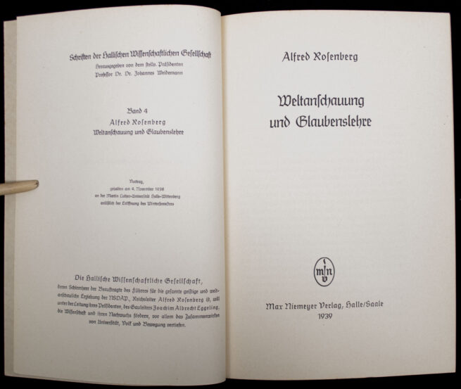 (Brochure) Alfred Rosenberg - Weltanschauung und Glaubenslehre (with dutch NSB Driehoek stamp inside) bd.4. (1939)