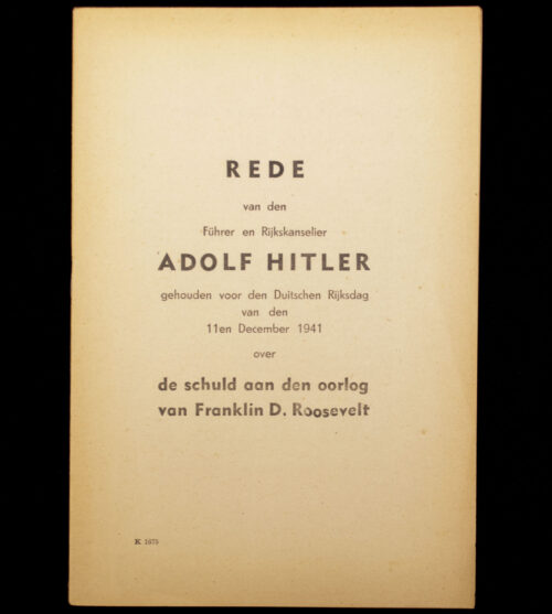 (Brochure) Rede van den Führer en Rijkskanselier gehouden voor den Duitschen Rijksdag van den 11en december 1941 over de schuld aan den oorlog van Franklin d. Roosevelt
