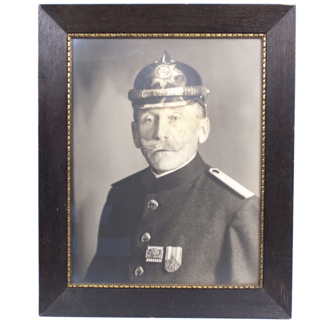 Original framed German Firebrigade portrait with helmeet and medals