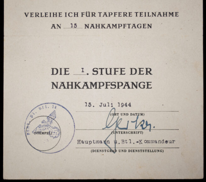 (Citations) Nahkampfspange I. Stufe + VWA Schwarz - 2.Panzer-Pionier Bataillon 16 (1944)