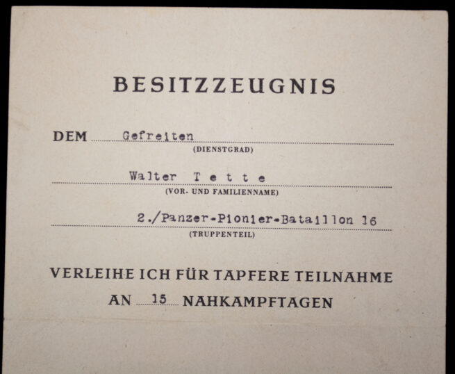 (Citations) Nahkampfspange I. Stufe + VWA Schwarz - 2.Panzer-Pionier Bataillon 16 (1944)