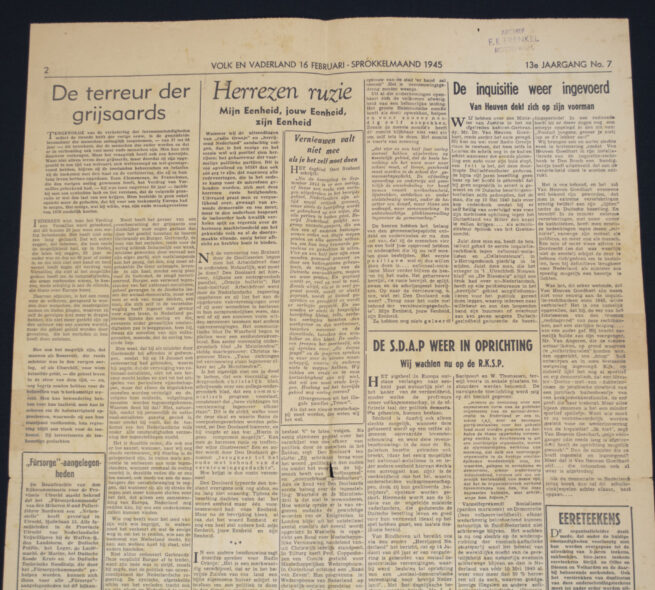 (NSB / Newspaper) Volk en Vaderland 13e Jaargang No.7 – Vrijdag 16 Februari 1945 (Rare!)
