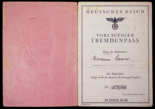 Deutsches Reich Vorläufiger Fremdenpass with passphoto (1944)