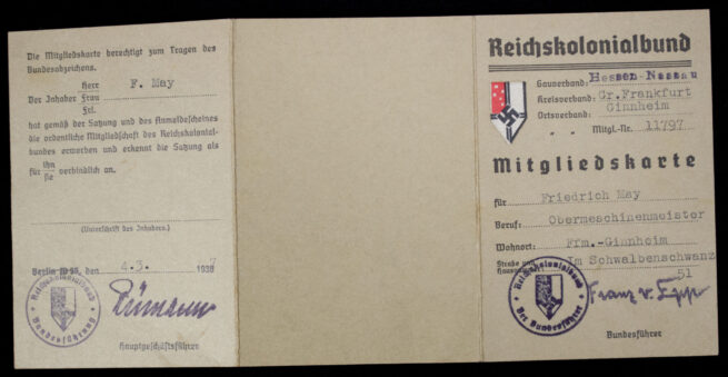 Reichskolonialbund Mitgliedsausweiss with stamps