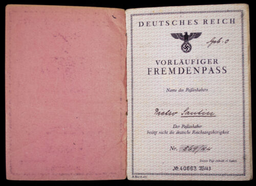 Deutsches Reich Vorläufiger Fremdenpass with passphoto (1944)