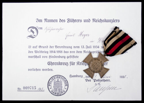 Ehrenkreuz für Kriegsteilnehmer + citation