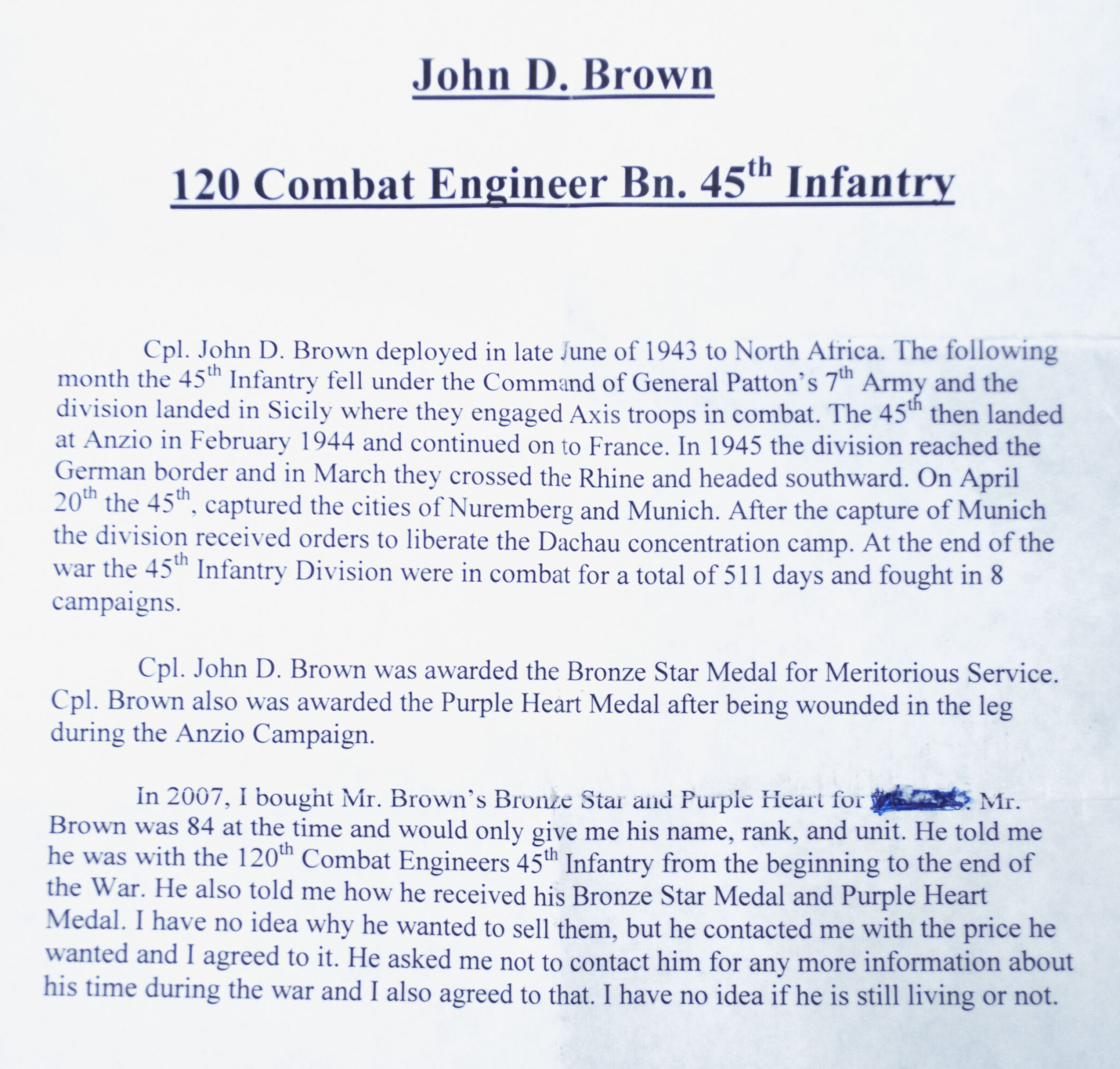 WWII USA named Purple Heart and Bronze Star group - 120 Combat Engineer Bn. 45th Infantry Division - Image 20