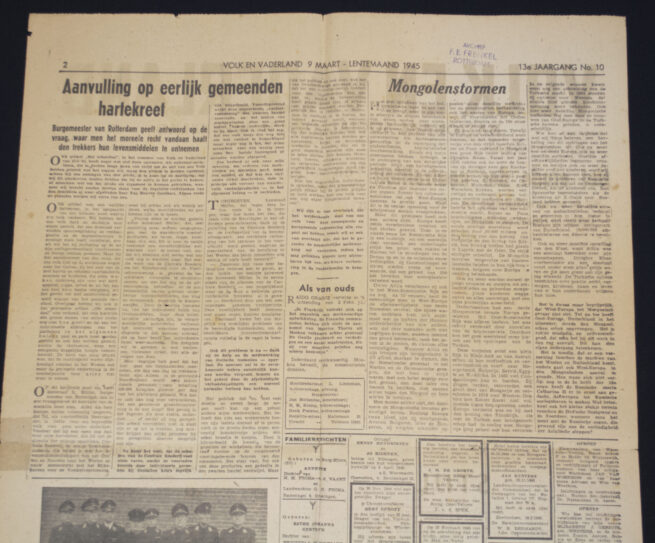 (NSB Newspaper) Volk en Vaderland 13e Jaargang No.10 – Vrijdag 9 Maart 1945 (Rare!)
