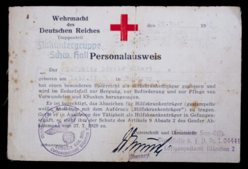 Wehrmacht des Deutschen Reichses Flakuntergruppe Sch.hall Personalausweis Rote Kreuz (DRK) 1940