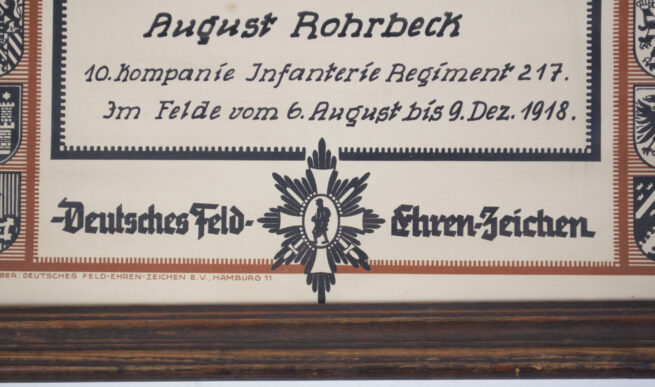 Framed Deutsches Feldehrenzeichen Citation 10. Kompanie Infanterie Regiment 217