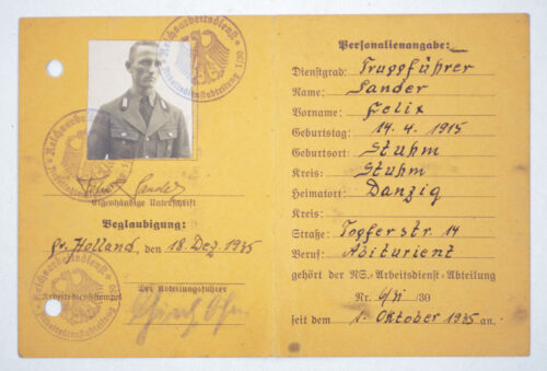 NS-Arbeitsdienst Gau I, Gruppe 30 Ausweis (with passphoto) (RARE!)
