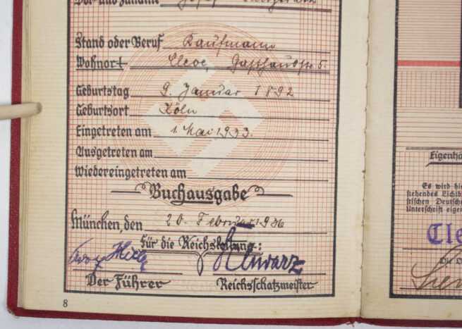 NSDAP Memberpass #2880408 from Ortsgruppe Cleve (1936)