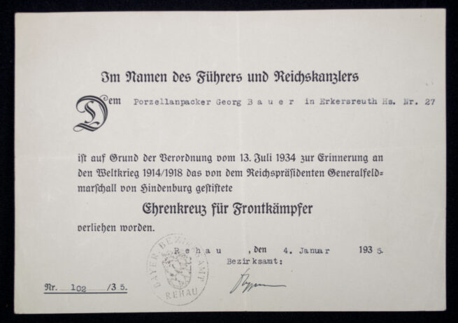 Frontkämpfer Ehrenkreuz + citation (1935)