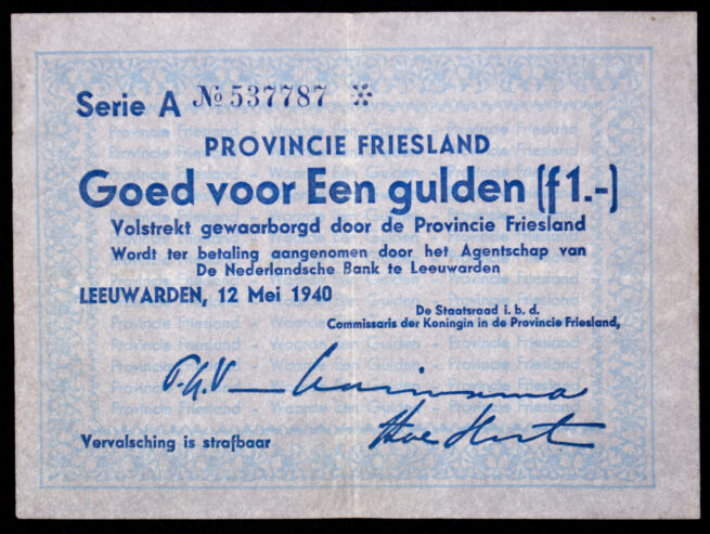 (Dutch WWII Emergency Money) Provincie Friesland Goed voor Een Gulden FL1.- Serie A No 537787