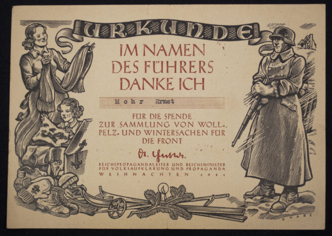 WHW Urkunde Woll-Pelz- und Wintersachen Spende (1941)