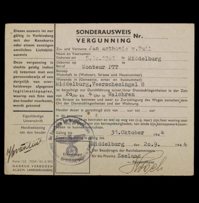 (Holland) Sonderausweis Vergunning Middelburg-Walcheren (1944)