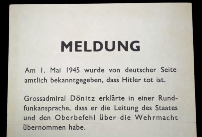 (Pamphlet) MELDUNG Hauptquartier 21 Heeresgruppe Dönitz taking power after death of Hitler 2 May 1945