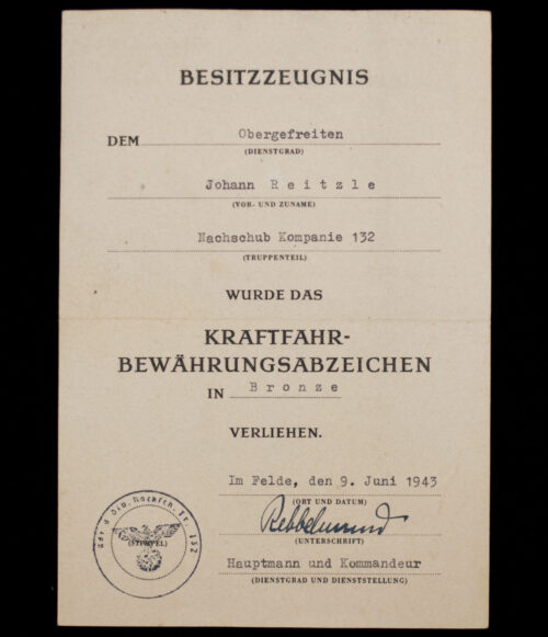 (Citation-Urkunde) Besitzzeugnis Kraftfahrbewährungsabzeichen in Bronze (1943)