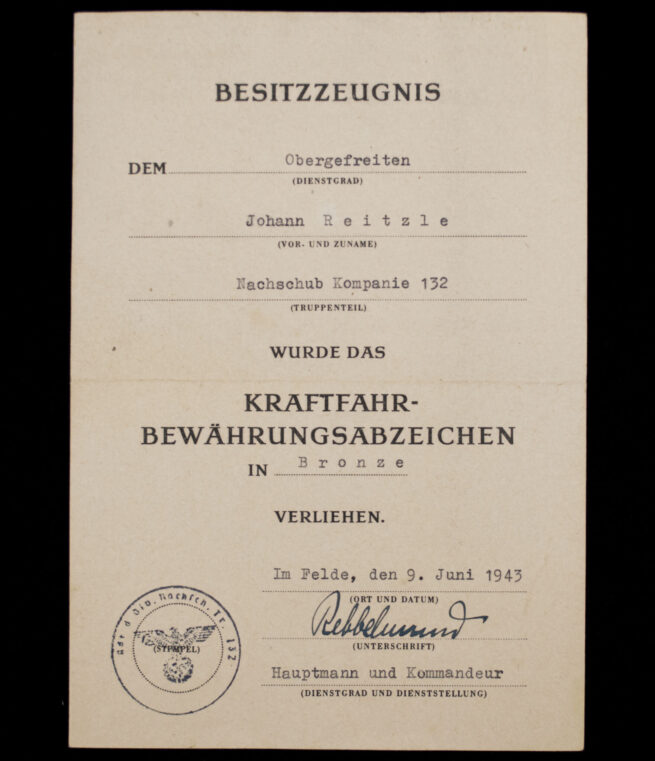 (Citation-Urkunde) Besitzzeugnis Kraftfahrbewährungsabzeichen in Bronze (1943)