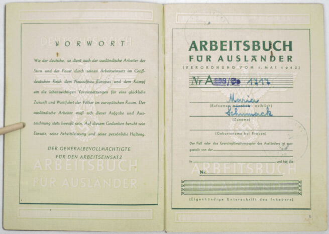 Arbeitsbuch für Ausländer - Ostarbeiterin Arbeitsamt Kempten (1943)