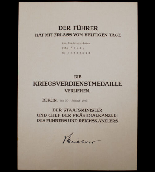 (Citation-Urkunde) Die Kreigsverdienstmedaille (1943)