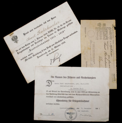 (Citation-Urkunde) Ehrenkreuz für Kriegsteilnehmer + Tiroler Landesdenkmünze 1914-1918