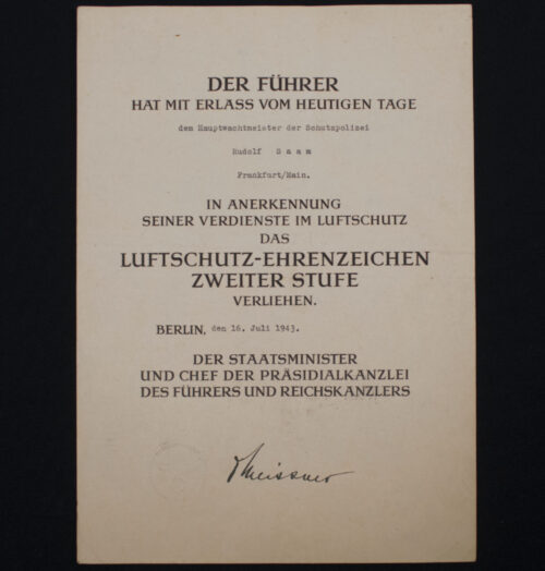 (Citation Urkunde) Luftschutz Ehrenzeichen Zweiter Stufe (1943)