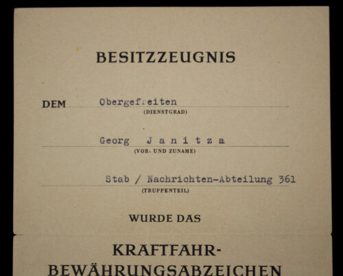 (Citation-Urkunde) Besitzzeugnis Kraftfahrbewährungsabzeichen in Silber (1944)