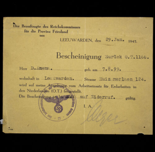 Pass Bescheinigung freistellung Arbeitseinsatz Leeuwarden (1945)