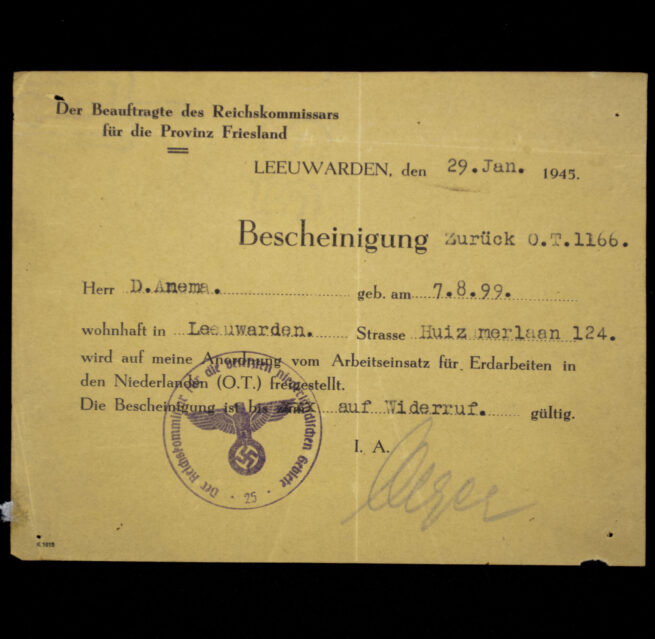 Pass Bescheinigung freistellung Arbeitseinsatz Leeuwarden (1945)