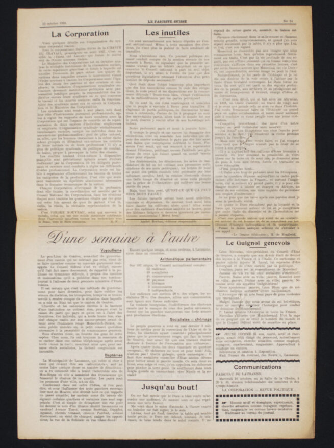 (Newspaper) Le Fasciste Suisse – Organe de Combat (10 October 1935)