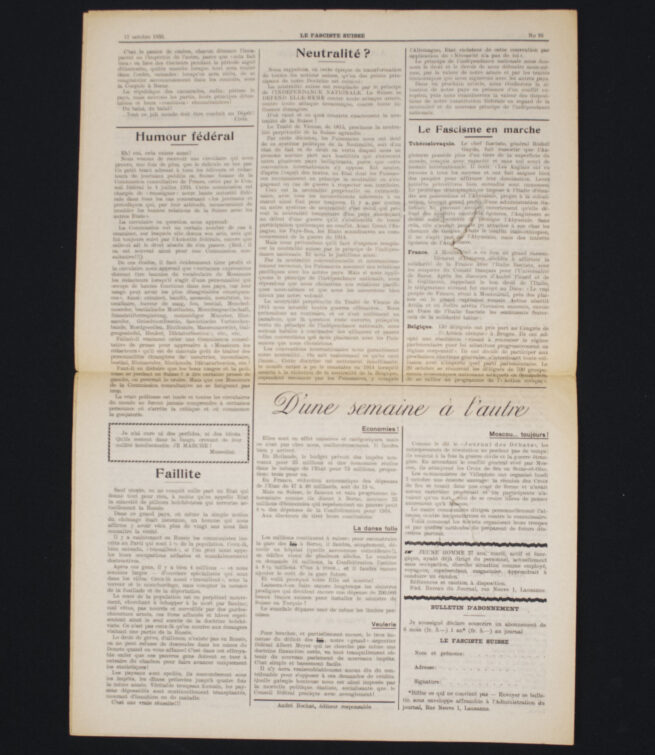 (Newspaper) Le Fasciste Suisse - Organe de Combat (17 October 1935)