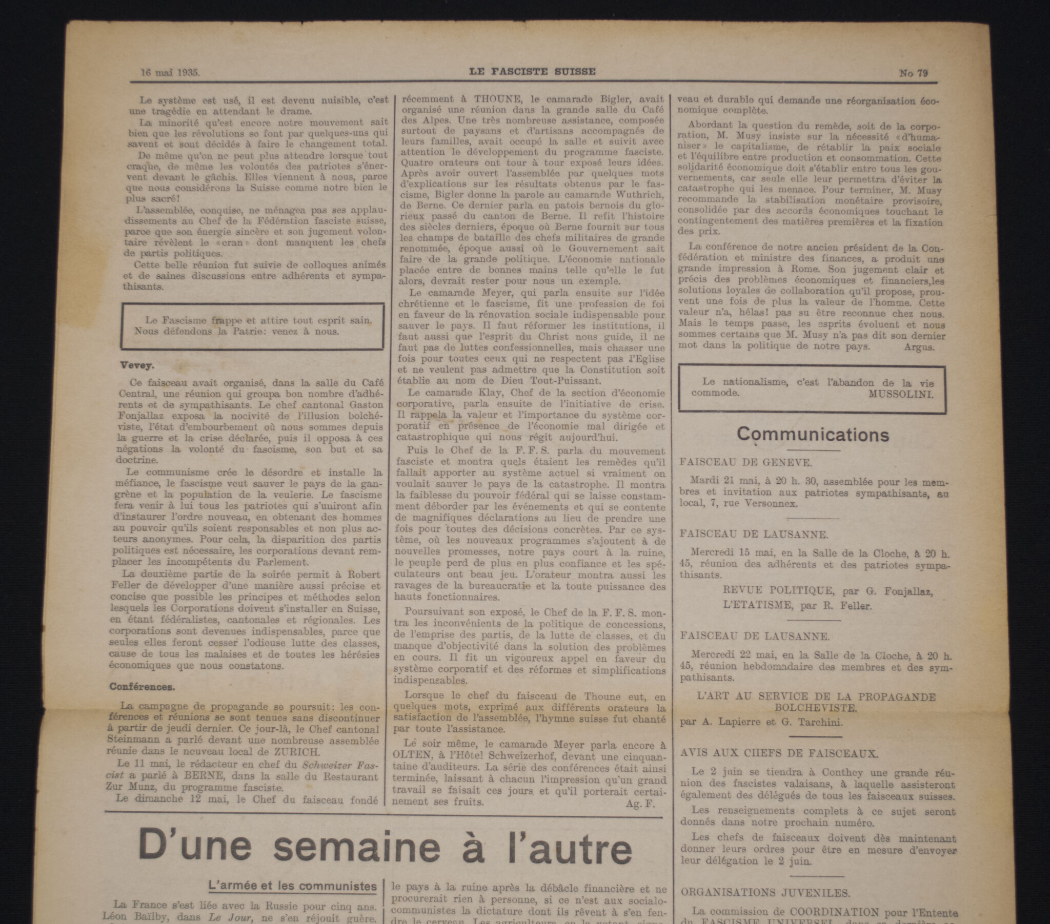 (Newspaper) Le Fasciste Suisse – Organe de Combat(16 Mai 1935)