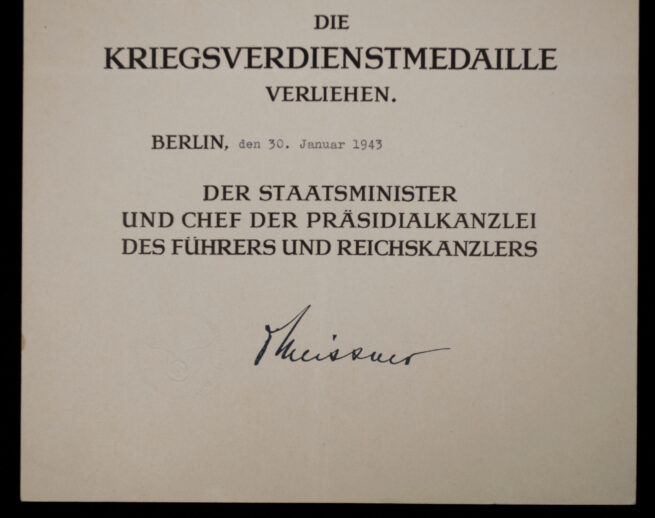 (Citation-Urkunde) Die Kreigsverdienstmedaille (1943)