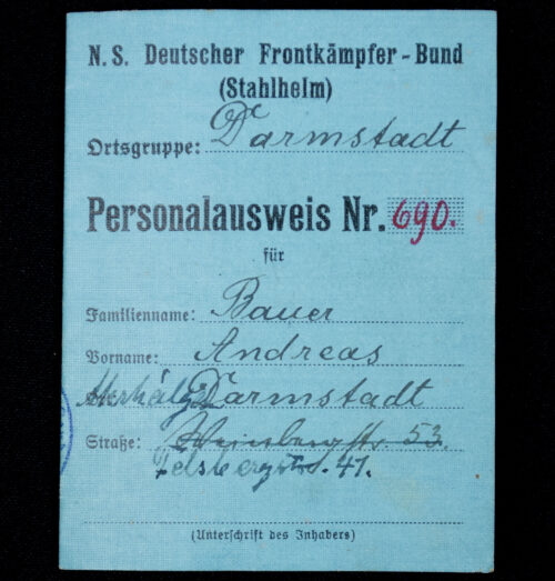 Stahlhelmbund N.S. Deutscher Frontkämpfer-Bund (Stahlhelm) Personalausweis Ortsgruppe Darmstadt (1935)