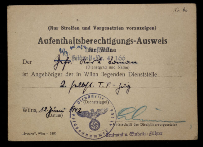 (Lithuania) Aufenthaltsberechtigungs-Ausweis für Wilna (Vilnius) (1942)