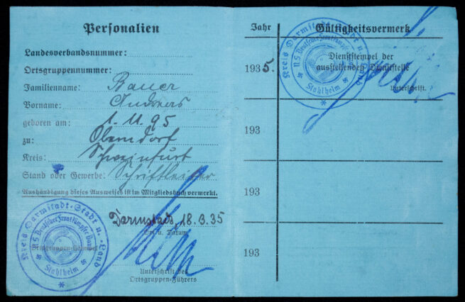 Stahlhelmbund N.S. Deutscher Frontkämpfer-Bund (Stahlhelm) Personalausweis Ortsgruppe Darmstadt (1935)
