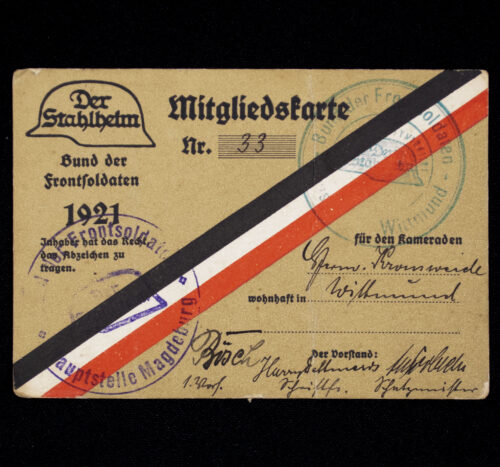 Stahlhelmbund Der Stahlhelm Mitgliedskarte 1921 ( EXTREMELY RARE!)
