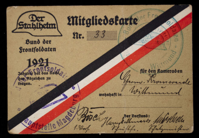 Stahlhelmbund Der Stahlhelm Mitgliedskarte 1921 ( EXTREMELY RARE!)