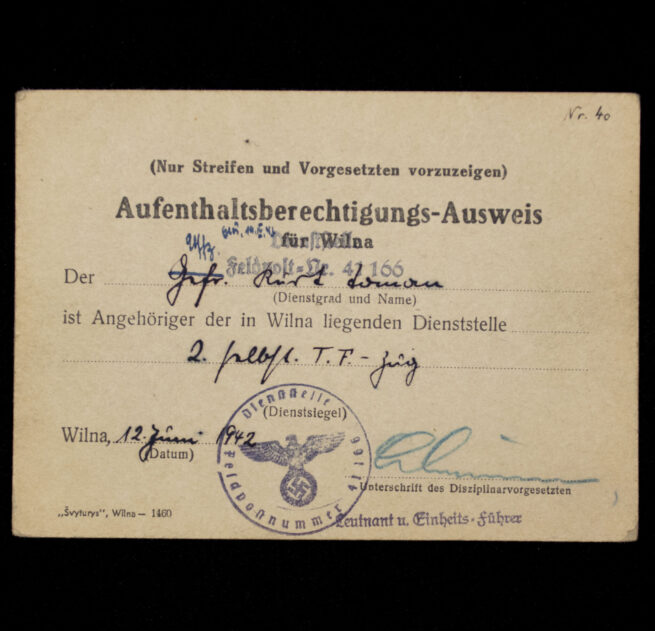 (Lithuania) Aufenthaltsberechtigungs-Ausweis für Wilna (Vilnius) (1942)